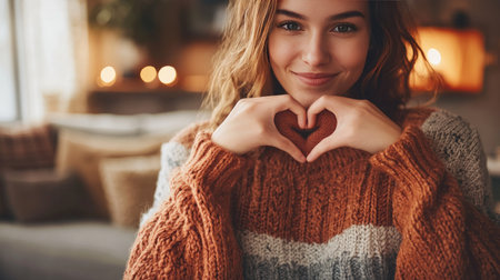 Woman in a cozy sweater making a heart shape with her hands, framed against a warm and inviting indoor background.の素材