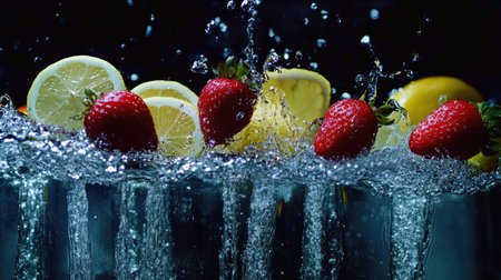 Vibrant strawberries and lemon slices in water splashes, the colors illuminated dramatically against black.の素材