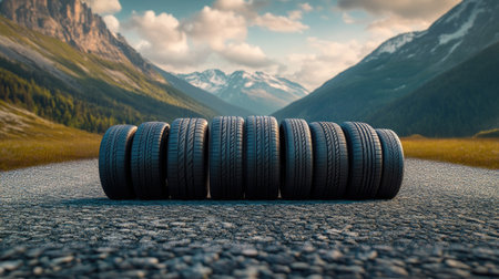 A creative arrangement of car tires in ascending size order on a gravel road, with a scenic mountain backdrop.の素材