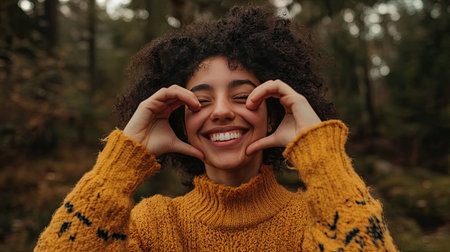 Woman making a heart shape with her hands in front of her face, smiling and looking through the heart.の素材