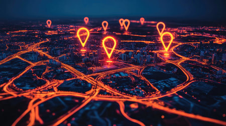 Aerial image of a city at night with glowing location pins marking popular spots, creating a connected digital map.の素材