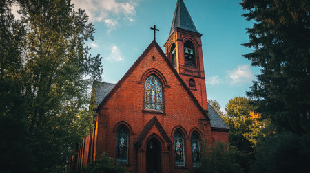 A historic red-brick church with tall stained-glass windows and a bell tower.の素材