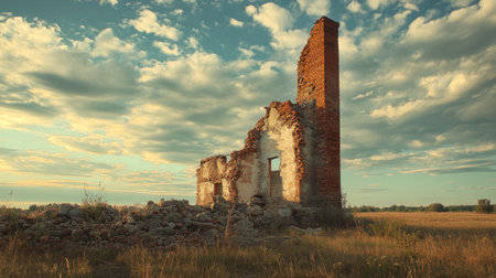A solitary brick chimney standing tall among ruins of a historic building.の素材