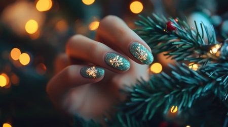 Woman's hand with sparkling snowflake nails holding a pine branch, with festive decorations and warm holiday lights in the background.の素材