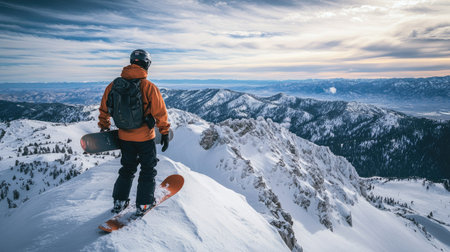 Snowboarder standing proudly with a board on a mountain peak, gazing at the horizon, with vast snowy terrain stretching belowの素材