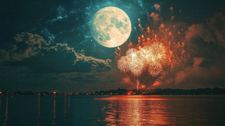 Fireworks with a supermoon shining above, creating a surreal and beautiful night filled with lights and shadows.の素材