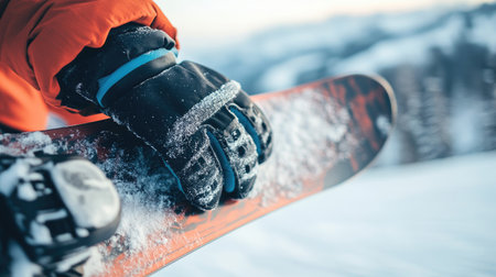 Close-up of snowboarder's gloved hands gripping the edge of their snowboard, snow and mountain views in soft focus in the backgroundの素材