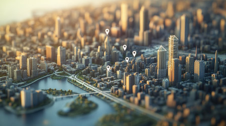 High-angle view of a metropolitan area with location pins marking infrastructure, landmarks, and business centers.の素材