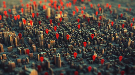 High-angle view of a sprawling urban landscape with red location pins dotting major areas, symbolizing connectivity.の素材