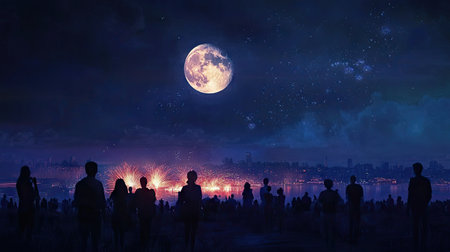 Silhouetted crowd watching a fireworks display with a bright supermoon overhead, blending excitement with natural beauty.の素材