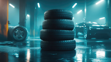A stack of tires ranging from compact car sizes to large SUV sizes under dramatic industrial lighting.の素材