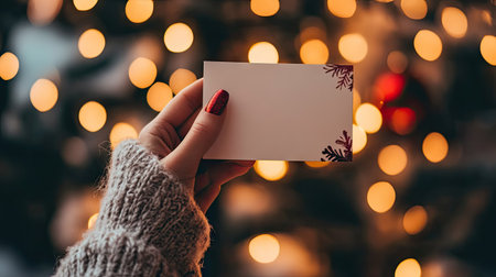 A woman's hand with festive Christmas manicure holding a holiday greeting card, with holiday lights softly blurred in the background.の素材