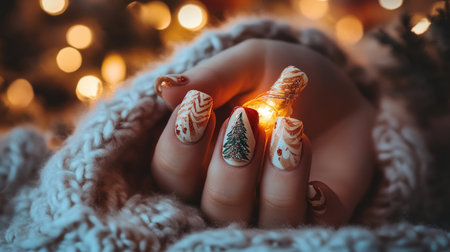 Close-up of a woman's hand with Christmas tree nail art holding a glowing string light, with cozy holiday decor in the background.の素材