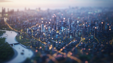 Cityscape with location pins marking buildings and districts, representing a connected city with mapped zones.の素材