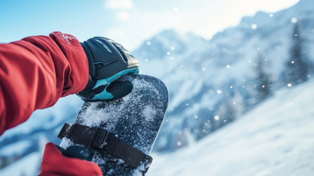 Close-up of snowboarder's gloved hands gripping the edge of their snowboard, snow and mountain views in soft focus in the backgroundの素材