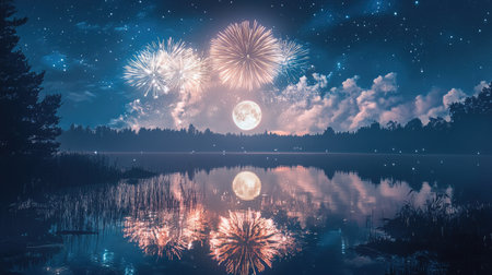 Bright, colorful fireworks lighting up the sky around a supermoon, casting beautiful reflections on a lake.の素材