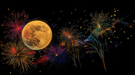 Colorful fireworks with a golden supermoon illuminating the background, capturing the beauty of a night celebration.の素材