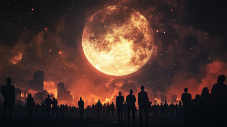 Silhouetted crowd watching a fireworks display with a bright supermoon overhead, blending excitement with natural beauty.の素材