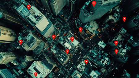 Birds-eye shot of a busy city with red pins marking notable spots, highlighting connectivity and smart navigation.の素材