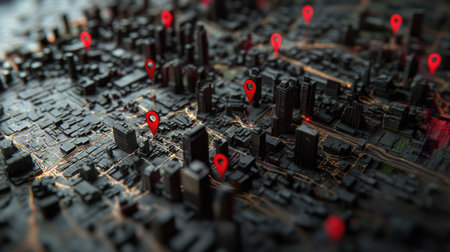 High-angle view of a sprawling urban landscape with red location pins dotting major areas, symbolizing connectivity.の素材