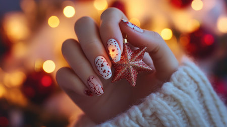 Christmas-themed nail art on a woman's hand holding a holiday star ornament, with cozy, softly lit decor in the background.の素材