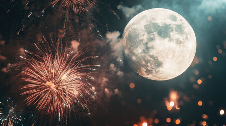 Close-up view of colorful fireworks and a large supermoon in the sky, highlighting the contrast of natural and festive light.の素材