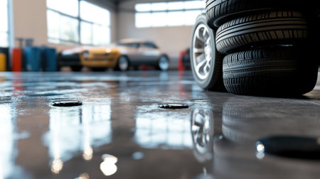 Close-up of small, medium, and large car tires stacked on a clean showroom floor with a reflective surface.の素材