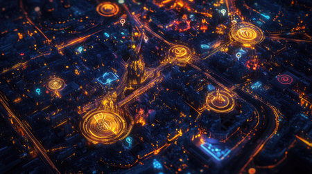 High-angle view of an illuminated city with scattered location pins, representing tourism and city attractions.の素材