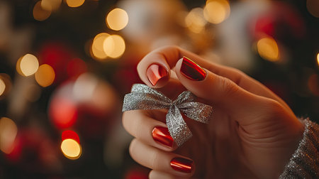 Elegant red and gold Christmas nails on a woman's hand holding a silver ribbon, with cozy holiday decor softly blurred in the background.の素材