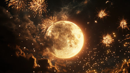 Spectacular fireworks lighting up the sky with a supermoon in the background, creating a dazzling night celebration.の素材
