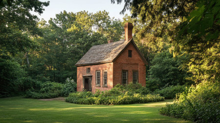 A weathered brick schoolhouse from the th century, surrounded by lush greenery.の素材