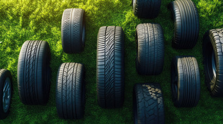 A top-down view of various tire sizes arranged on a bright green grass field for a natural contrast.の素材
