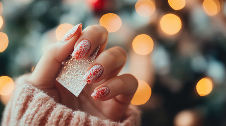 Woman's hand with snowy Christmas nail design holding a holiday greeting card, with festive winter decor blurred in the background.の素材
