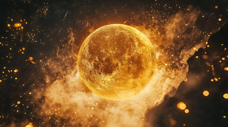 Colorful fireworks with a golden supermoon illuminating the background, capturing the beauty of a night celebration.の素材