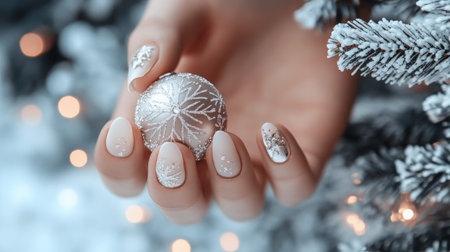 White and silver snowflake nail design on a woman's hand, holding a sparkly holiday ornament, with a winter scene in the background.の素材