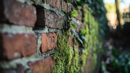 Close-up of a brick wall showing signs of aging with moss growing in the crevices.の素材