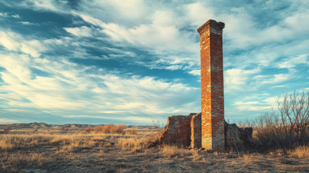 A solitary brick chimney standing tall among ruins of a historic building.の素材