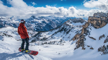 Snowboarder pausing on the edge of a steep drop, taking in the view of rugged mountain peaks and untouched powder belowの素材