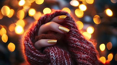 A woman's hand with gold holiday nails holding a warm winter scarf, with holiday lights creating a cozy background.の素材