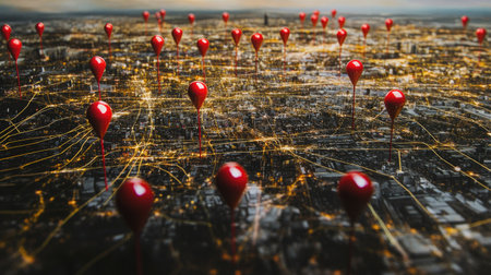 High-angle view of a sprawling urban landscape with red location pins dotting major areas, symbolizing connectivity.の素材