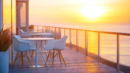 An elegant balcony with minimalist white tables and chairs, set against a sunset view.の素材