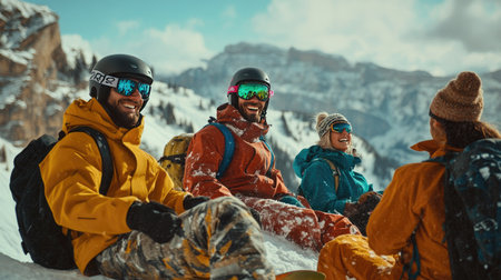 Group of friends on snowboards laughing together on a snowy mountain ridge, all wearing colorful winter gear and surrounded by breathtaking sceneryの素材