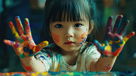 A child artist with colorful paint smudges all over her arms, concentrating on her art.の素材
