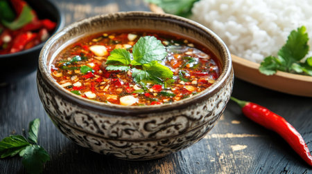 A ceramic bowl of fish sauce with chili slices, paired with traditional Thai sticky rice.の素材