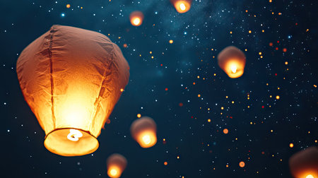 A close-up of traditional Chinese lanterns glowing warmly against a dark, starry sky.の素材