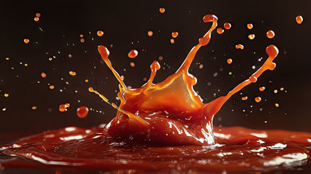 A chaotic splash of ketchup mid-air, with streaks radiating outwards like an explosion.の素材