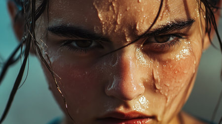 A close-up of a girl with sweat dripping off her nose, intense concentration on her face during a workout.の素材