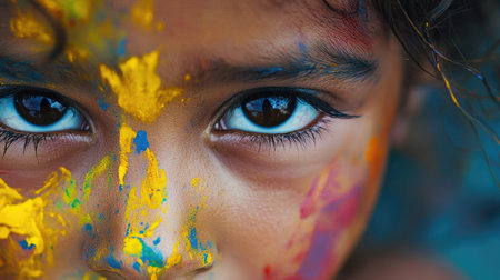 A close-up of a girl's paint-covered face, her eyes bright with excitement.の素材
