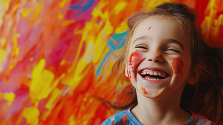 A child with paint on her nose and cheeks, grinning in front of a vibrant wall.の素材