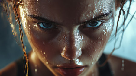 A close-up of a girl with sweat dripping off her nose, intense concentration on her face during a workout.の素材